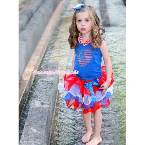American's Birthday Royal Blue Baby Pettitop with Red White Chevron Satin Lacing with Sparkle Crystal Bling Rhinestone USA Heart Print with Royal Blue Bow Red White Blue Petal Newborn Pettiskirt NG1529